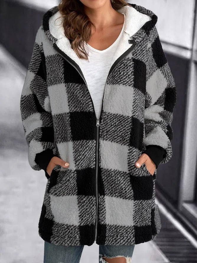 Unisex Fleece Jacket with Plaid Hood Zipper Closure Oversized Fit
