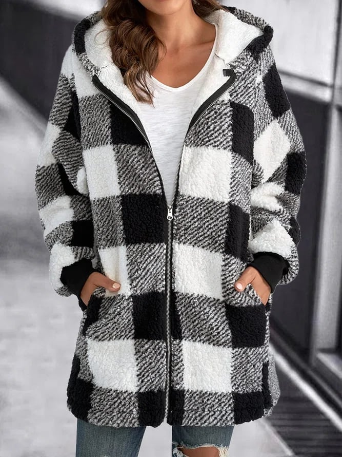 Unisex Fleece Jacket with Plaid Hood Zipper Closure Oversized Fit