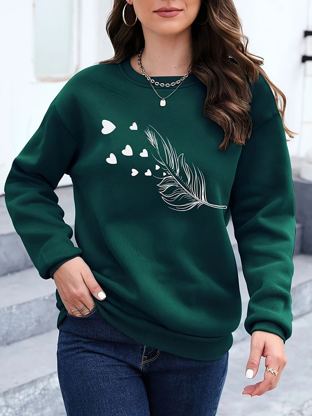 Womens Casual Sweatshirt Feather Print Relaxed Fit - BritishMode