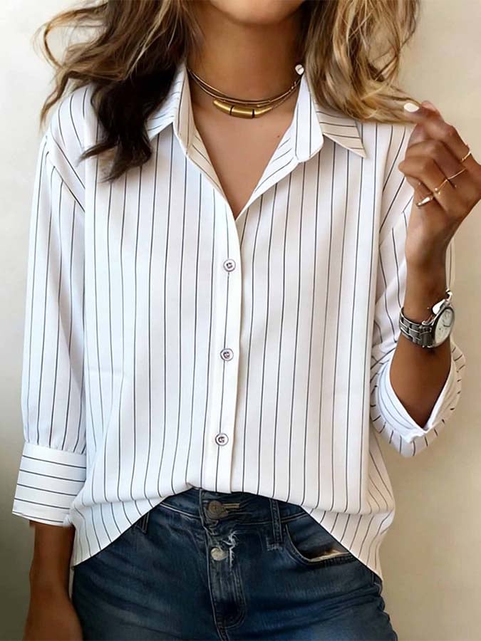 Womens Button-Down Blouse Cotton Long Sleeve Collared Shirt - BritishMode