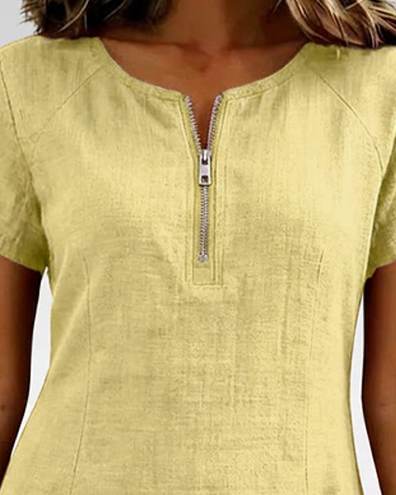 Womens Shift Dress Short Sleeve Zip Neck with Pockets