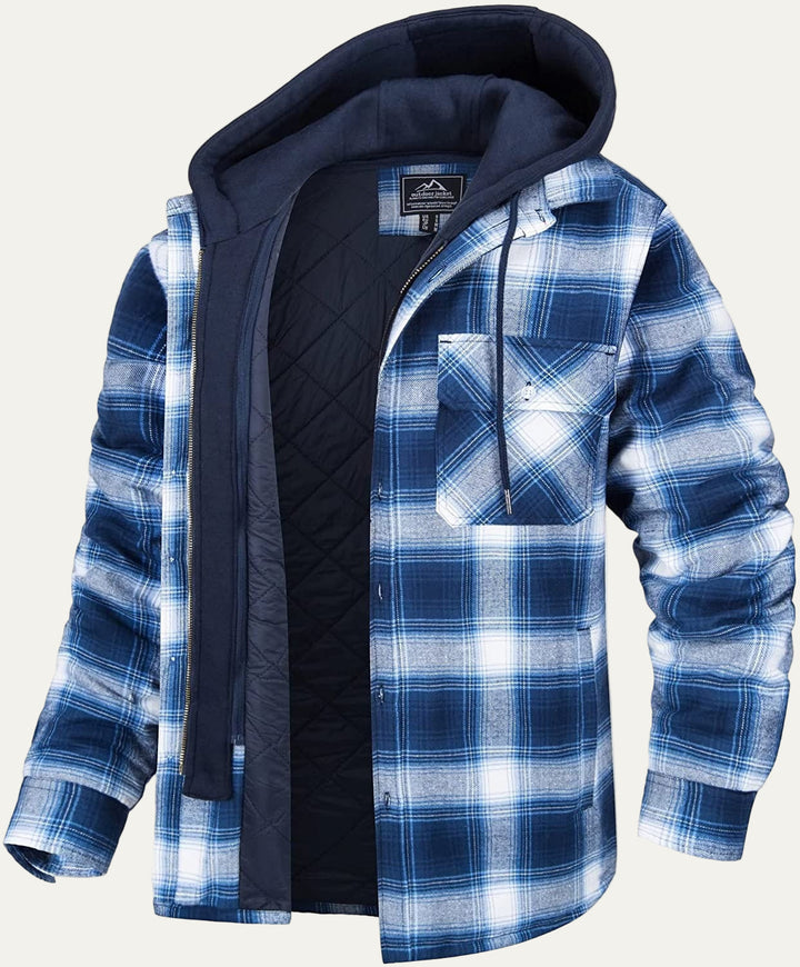 Mens Shirt Jacket with Fleece Hood Heavyweight Plaid
