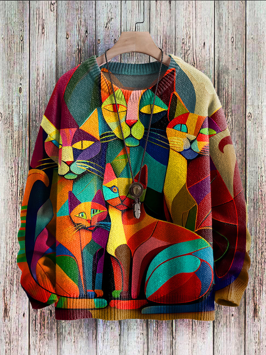 Womens Sweater with Cat Print Crewneck Comfortable Fit - BritishMode