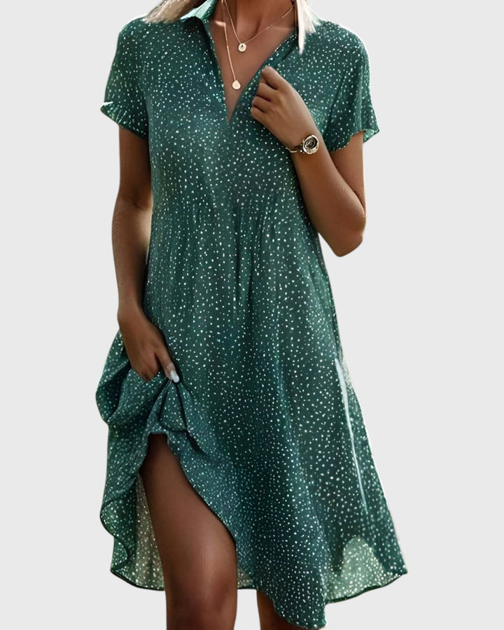 Womens Midi Dress with V-Neck and Polka Dot Pattern - BritishMode