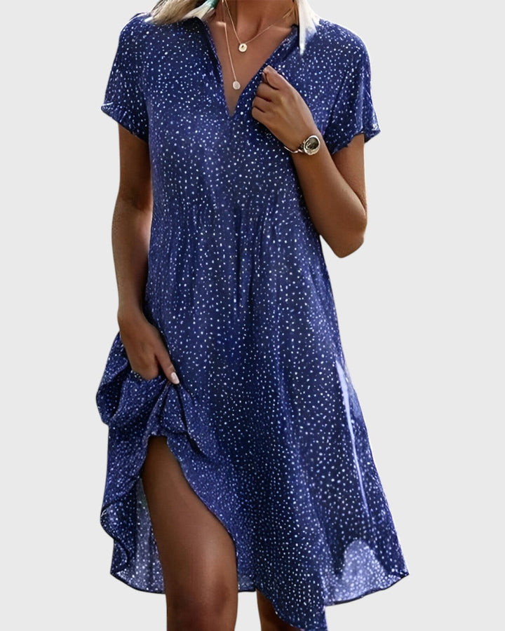 Womens Midi Dress with V-Neck and Polka Dot Pattern
