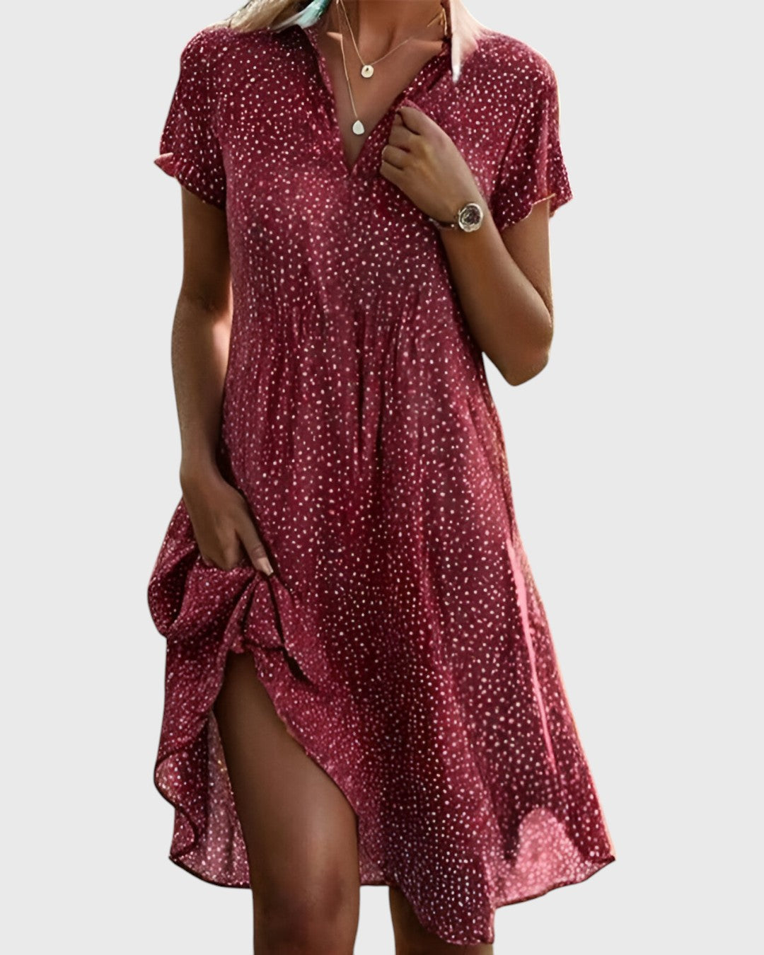Womens Midi Dress with V-Neck and Polka Dot Pattern