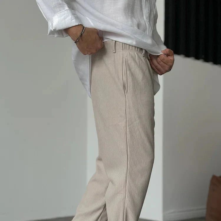 Mens Casual Trousers Pinstripe Drawstring Waist Relaxed Fit