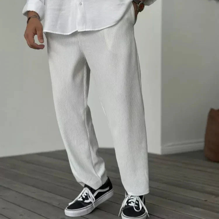 Mens Casual Trousers Pinstripe Drawstring Waist Relaxed Fit