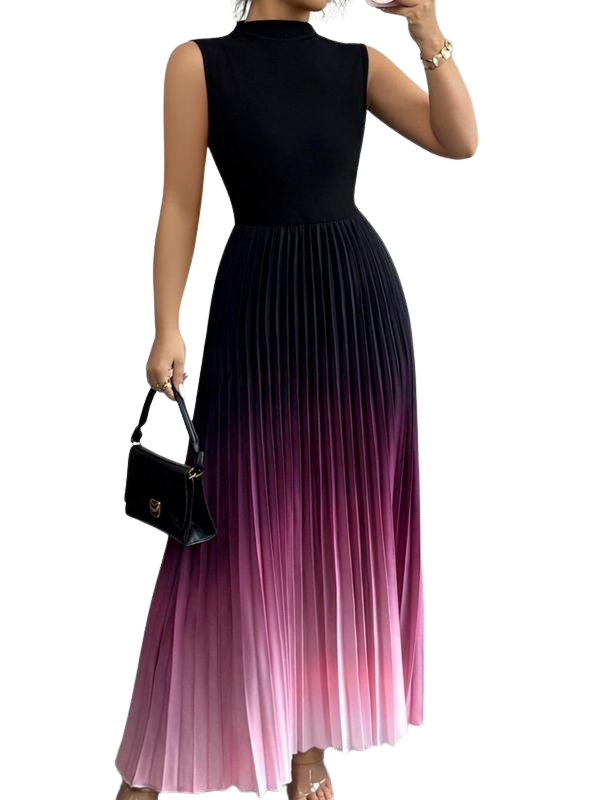 Womens Maxi Dress Pleated Mock Neck Evening Style - BritishMode