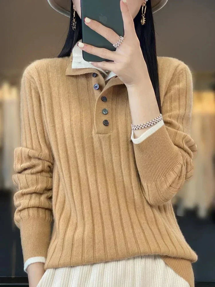Womens Ribbed Winter Sweater with Button Collar