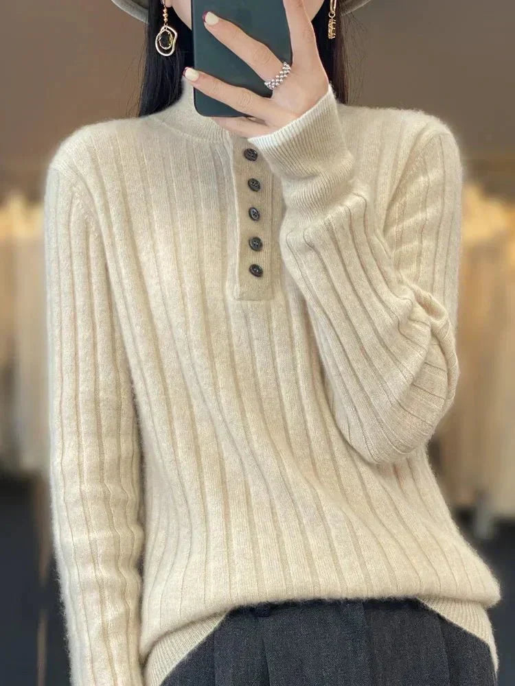 Womens Ribbed Winter Sweater with Button Collar