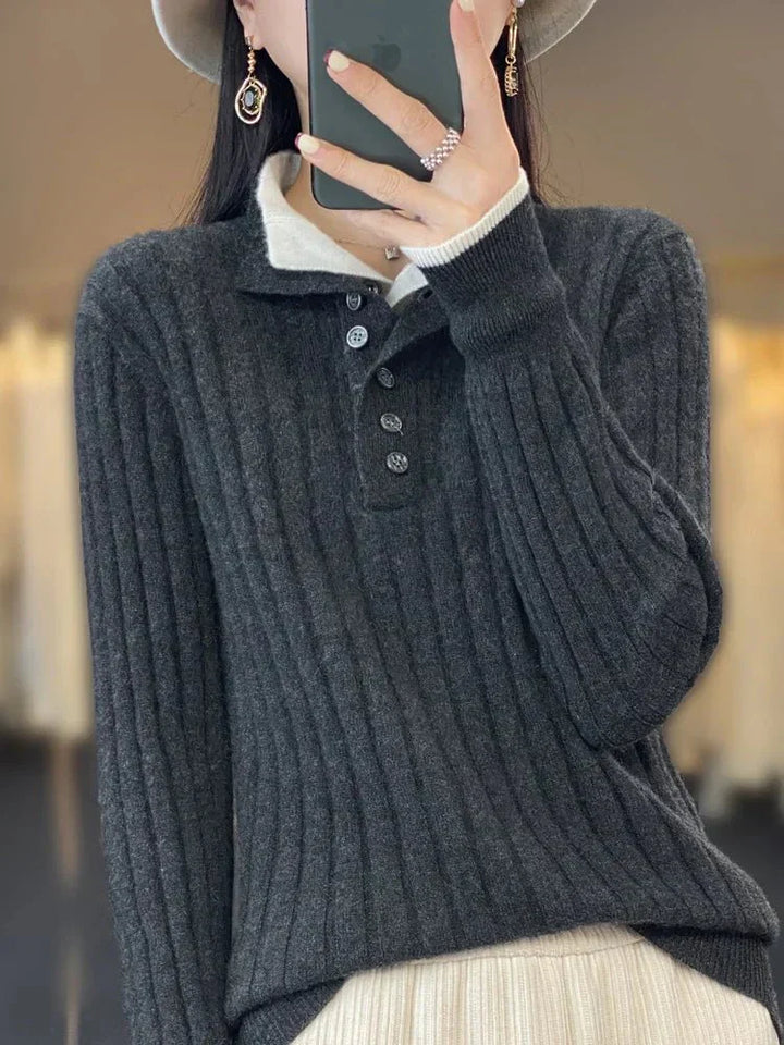 Womens Ribbed Winter Sweater with Button Collar - BritishMode
