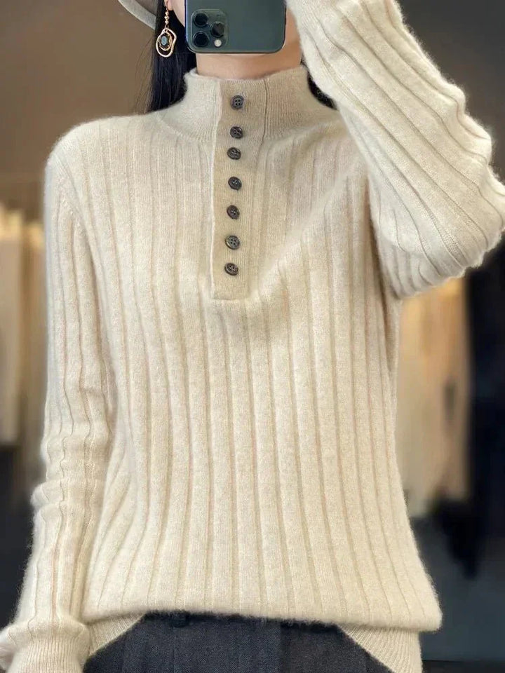 Womens Ribbed Winter Sweater with Button Collar
