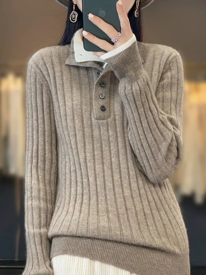 Womens Ribbed Winter Sweater with Button Collar