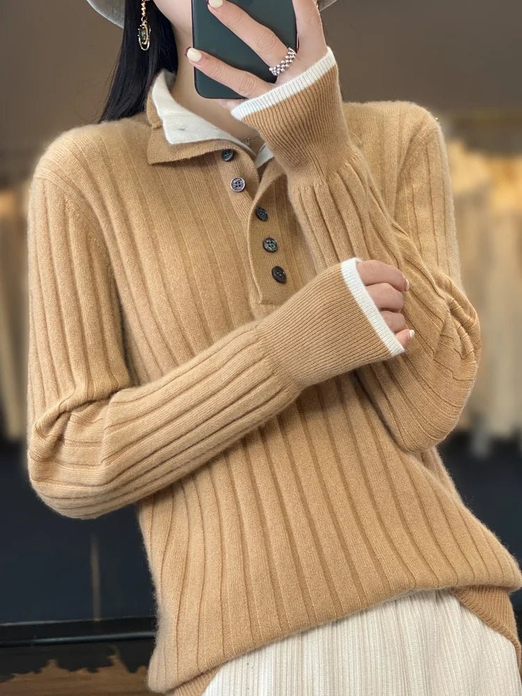 Womens Ribbed Winter Sweater with Button Collar