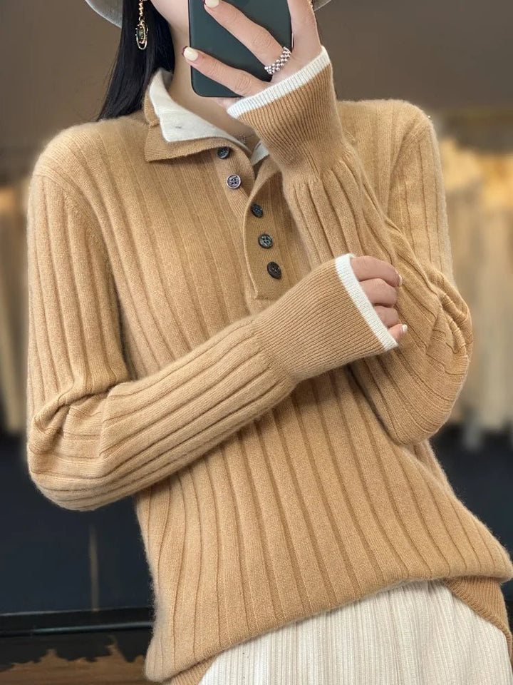 Womens Ribbed Winter Sweater with Button Collar