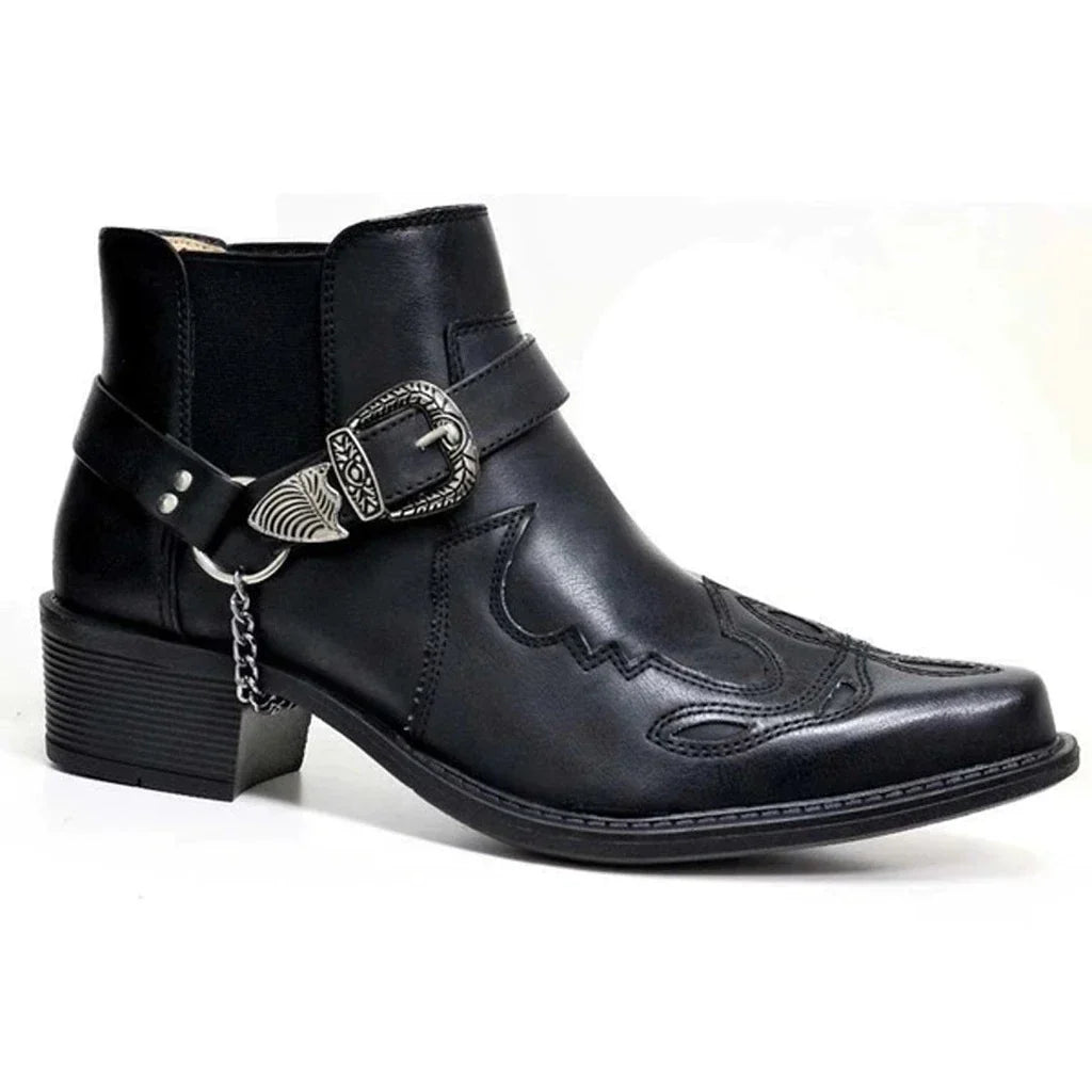 Mens Ankle Cowboy Boots Leather Buckle Strap