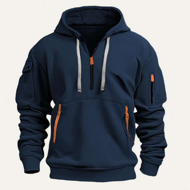 Mens Hooded Sweatshirt with Utility Pocket Partial Zip - BritishMode