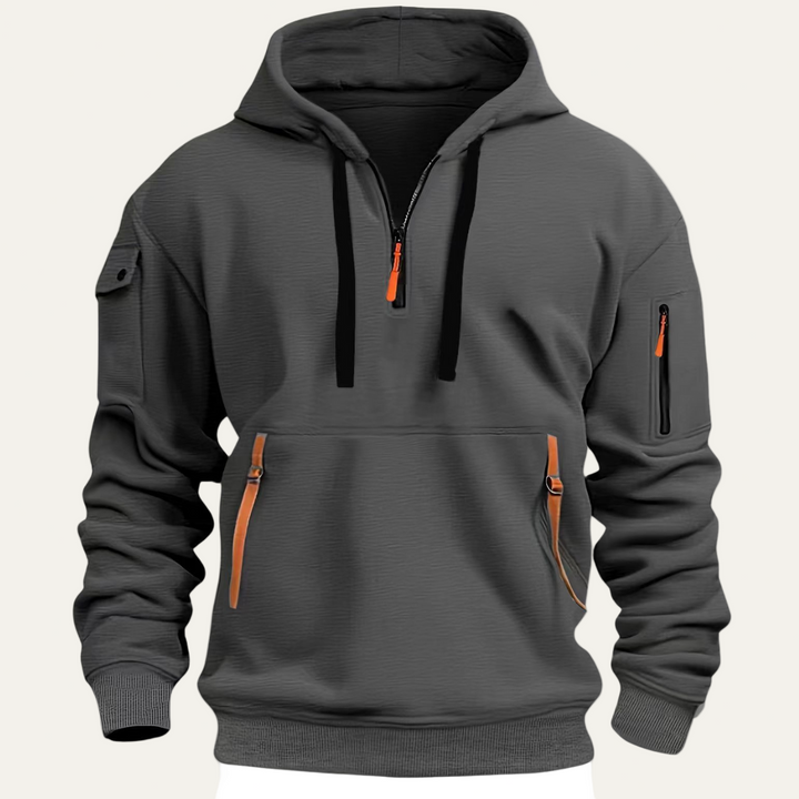 Mens Hooded Sweatshirt with Utility Pocket Partial Zip