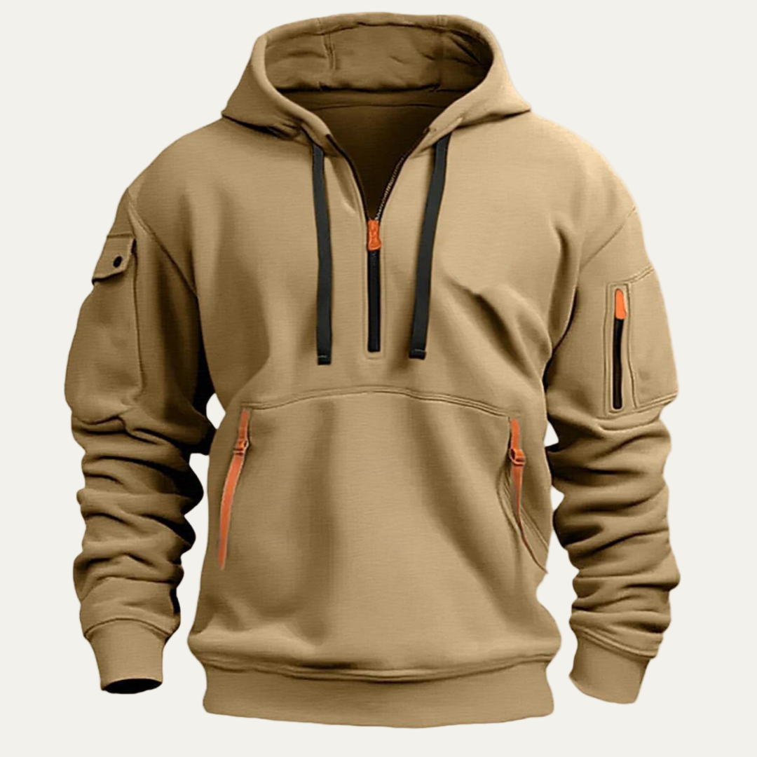 Mens Hooded Sweatshirt with Utility Pocket Partial Zip