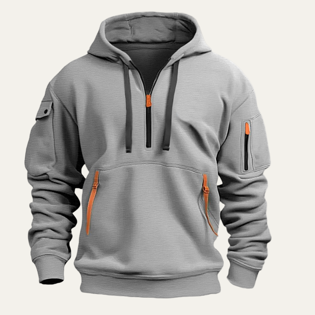 Mens Hooded Sweatshirt with Utility Pocket Partial Zip