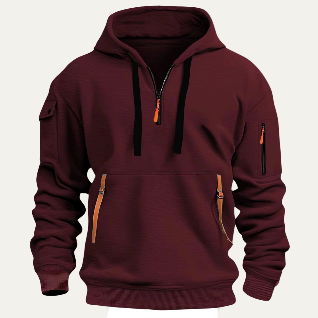 Mens Hooded Sweatshirt with Utility Pocket Partial Zip