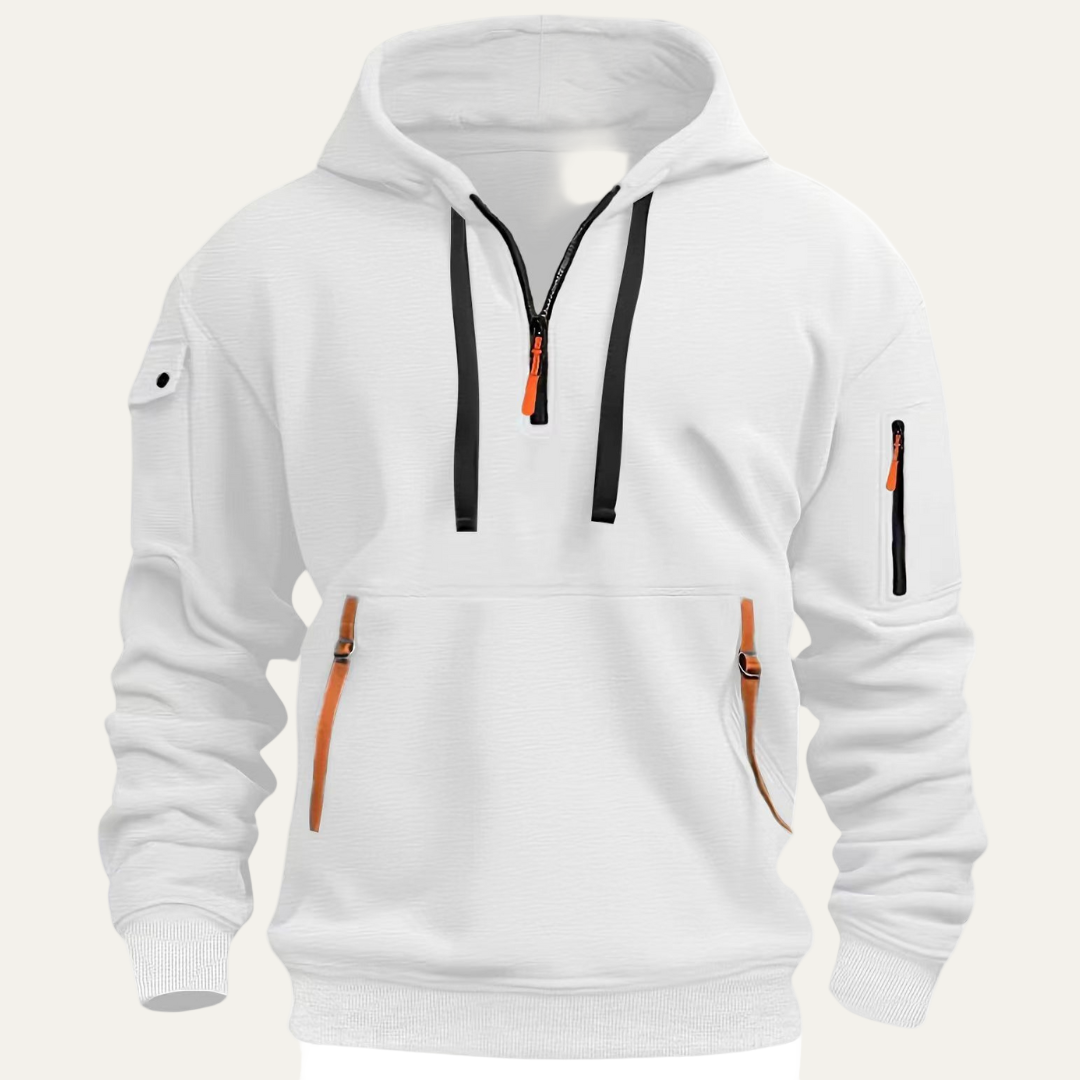 Mens Hooded Sweatshirt with Utility Pocket Partial Zip