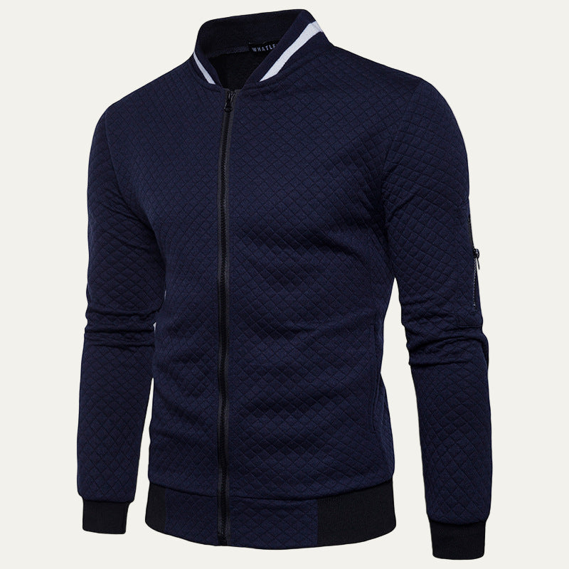 Mens Quilted Knit Cardigan Jacket Diamond Pattern Stand Collar