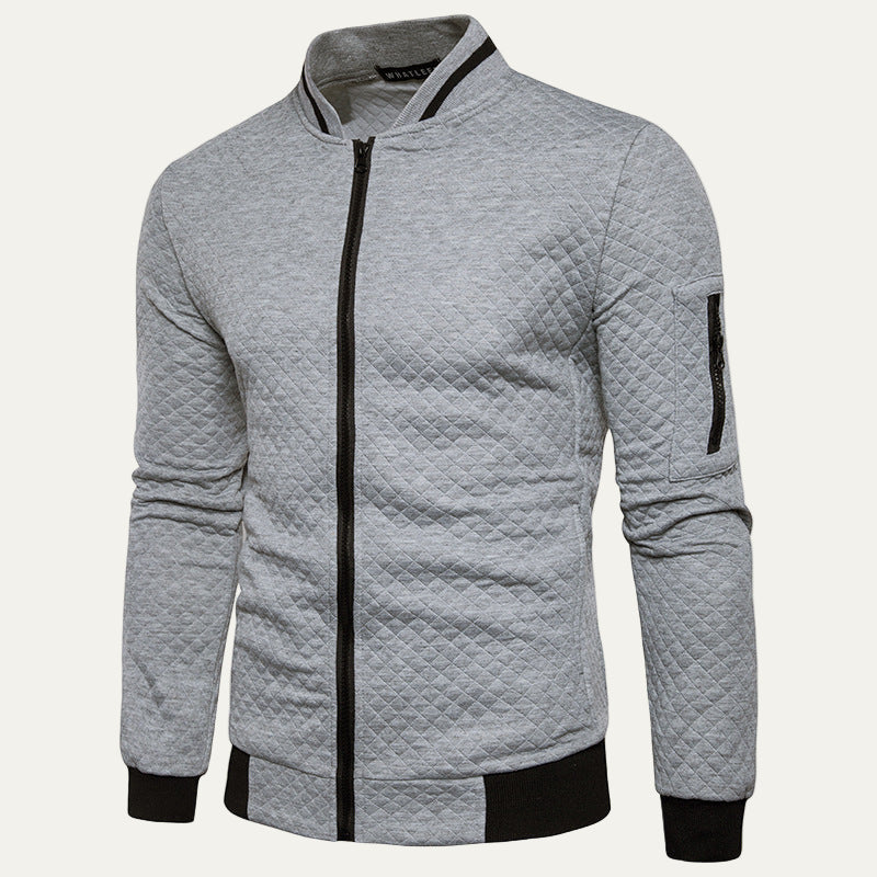 Mens Quilted Knit Cardigan Jacket Diamond Pattern Stand Collar