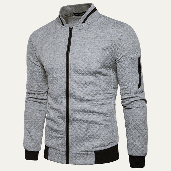 Mens Quilted Knit Cardigan Jacket Diamond Pattern Stand Collar
