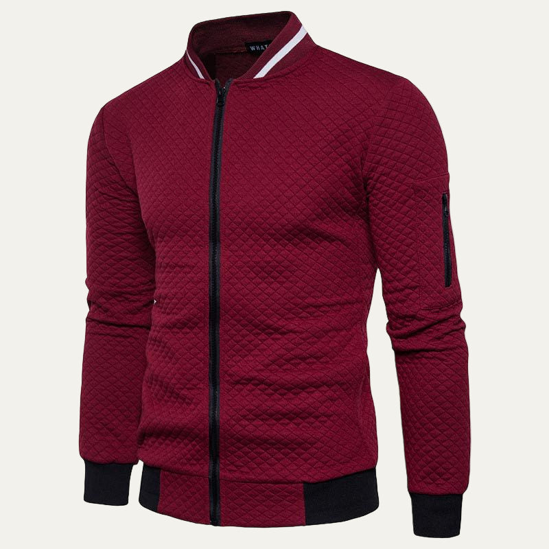 Mens Quilted Knit Cardigan Jacket Diamond Pattern Stand Collar