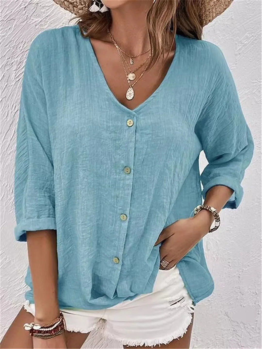 Womens Linen Top V-Neck Button-Front Three-Quarter Sleeve - BritishMode