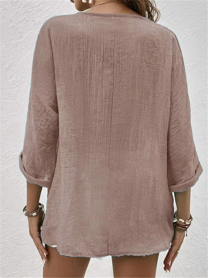 Womens Linen Top V-Neck Button-Front Three-Quarter Sleeve