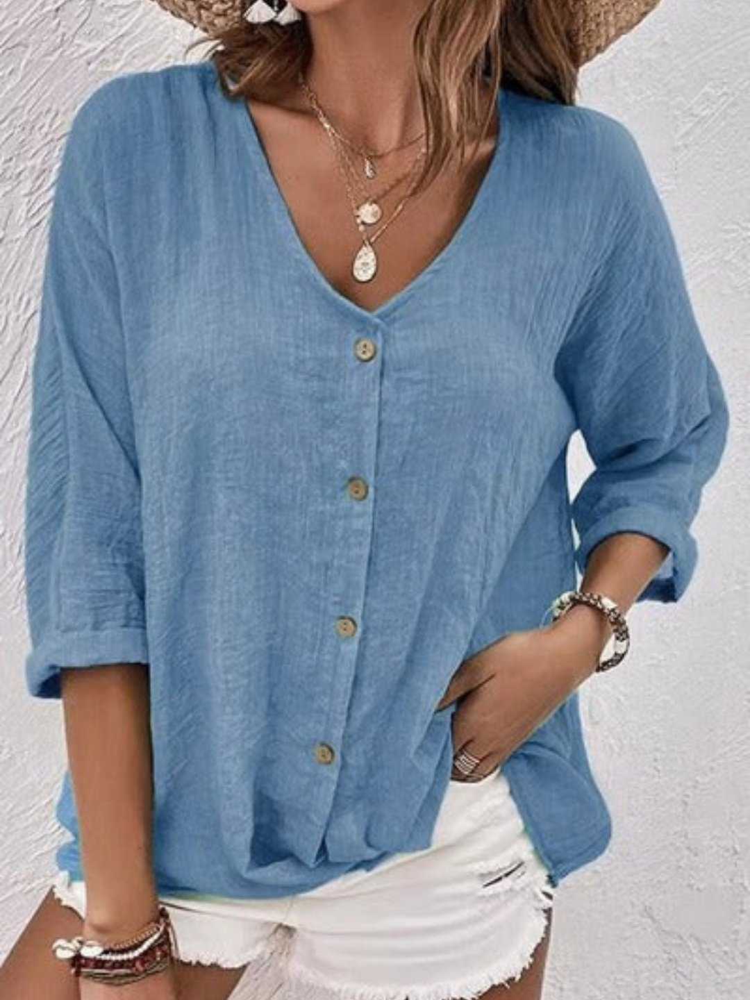 Womens Linen Top V-Neck Button-Front Three-Quarter Sleeve