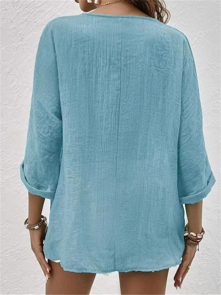 Womens Linen Top V-Neck Button-Front Three-Quarter Sleeve