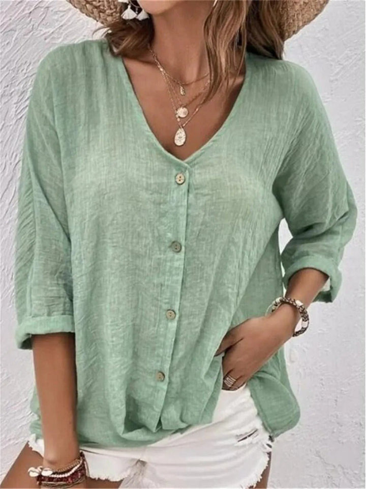 Womens Linen Top V-Neck Button-Front Three-Quarter Sleeve