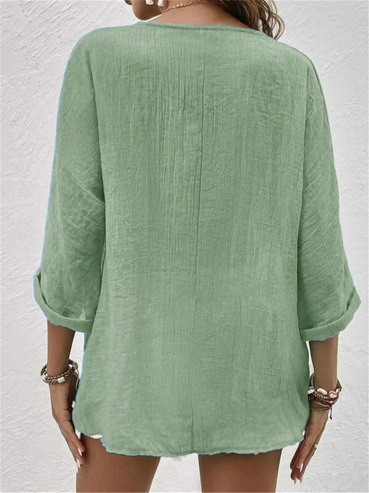 Womens Linen Top V-Neck Button-Front Three-Quarter Sleeve