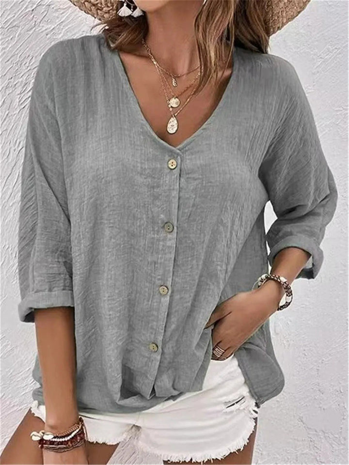 Womens Linen Top V-Neck Button-Front Three-Quarter Sleeve
