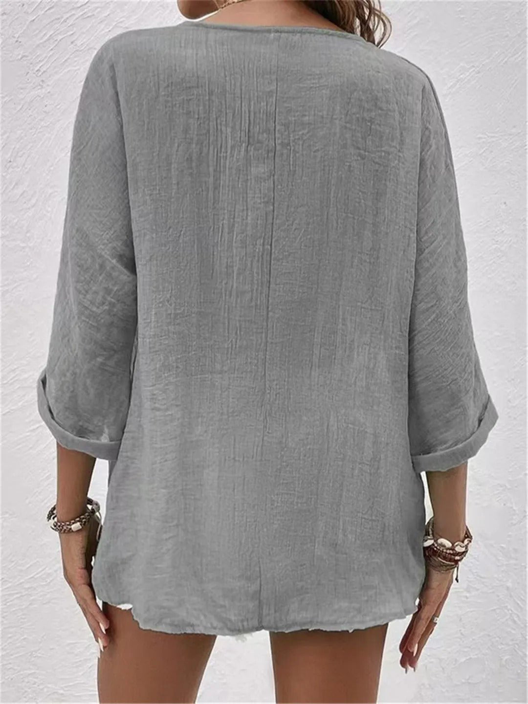 Womens Linen Top V-Neck Button-Front Three-Quarter Sleeve