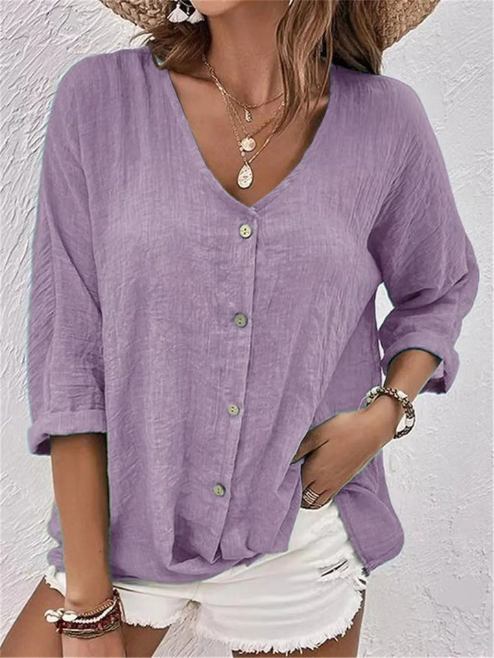 Womens Linen Top V-Neck Button-Front Three-Quarter Sleeve
