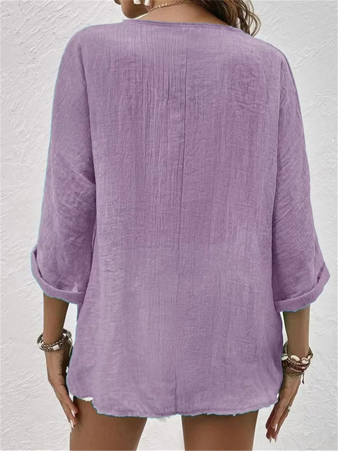 Womens Linen Top V-Neck Button-Front Three-Quarter Sleeve
