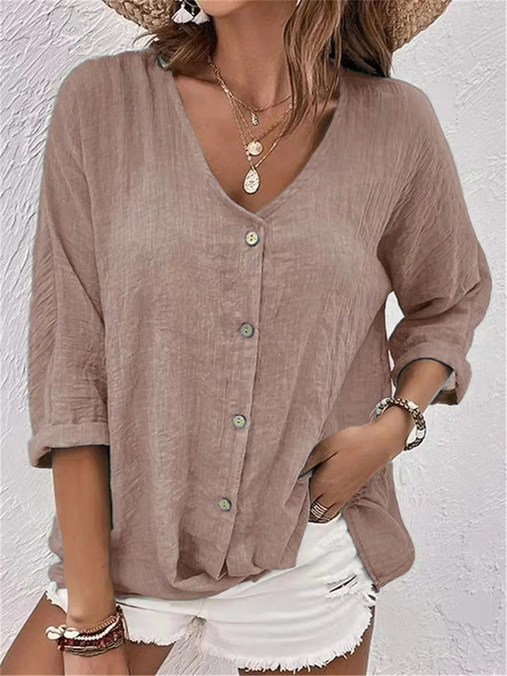 Womens Linen Top V-Neck Button-Front Three-Quarter Sleeve