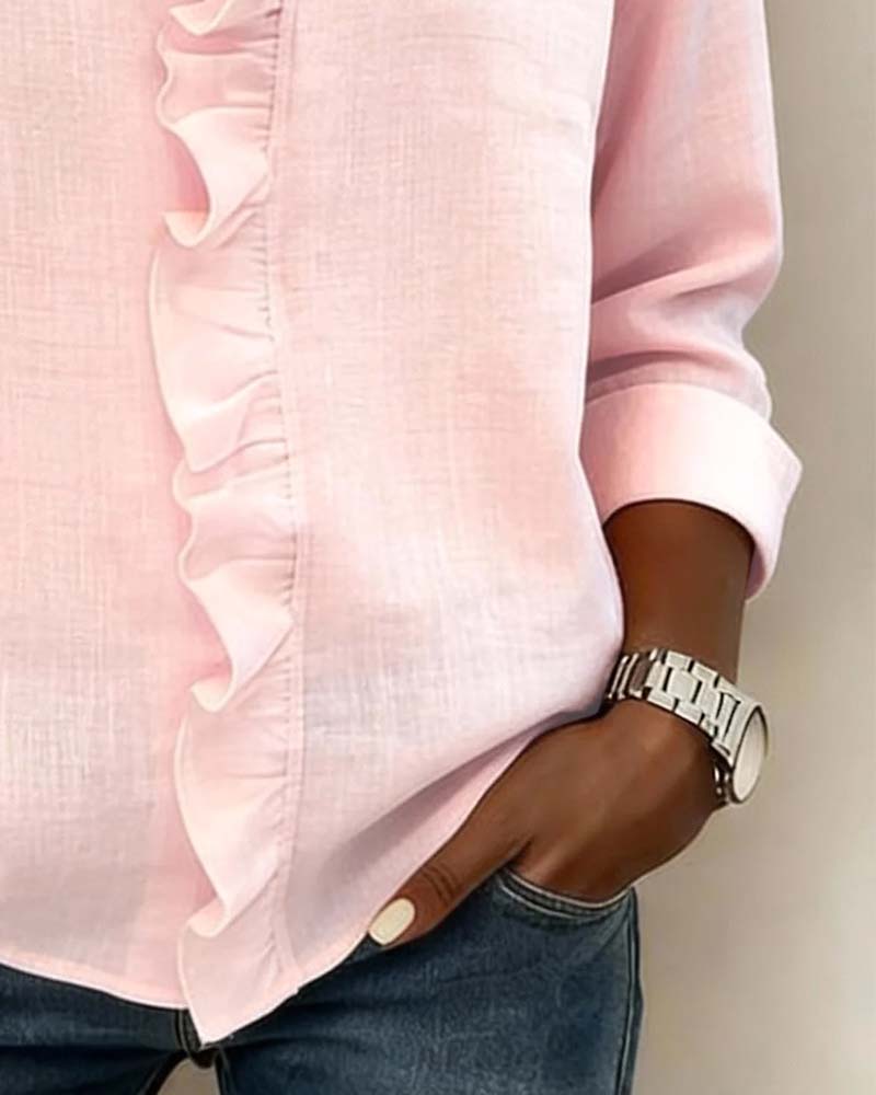 Womens Long Sleeve Blouse with Ruffle V-Neck Relaxed Fit