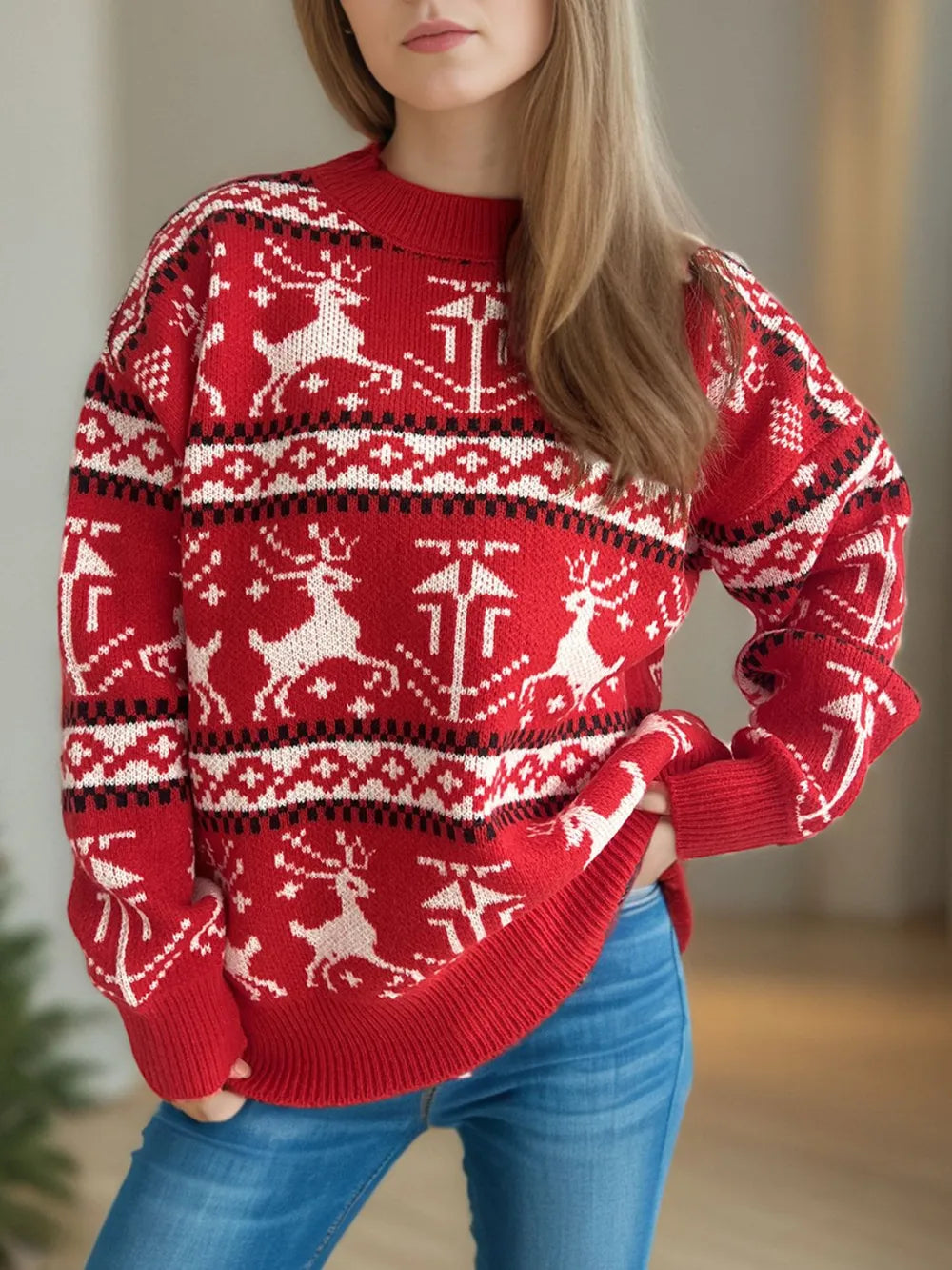 Womens Crew Neck Knit Sweater Patterned Winter Fit - BritishMode