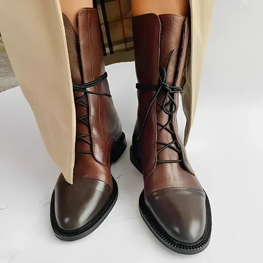 Womens Mid-Calf Ankle Boots Lace-Up Leather