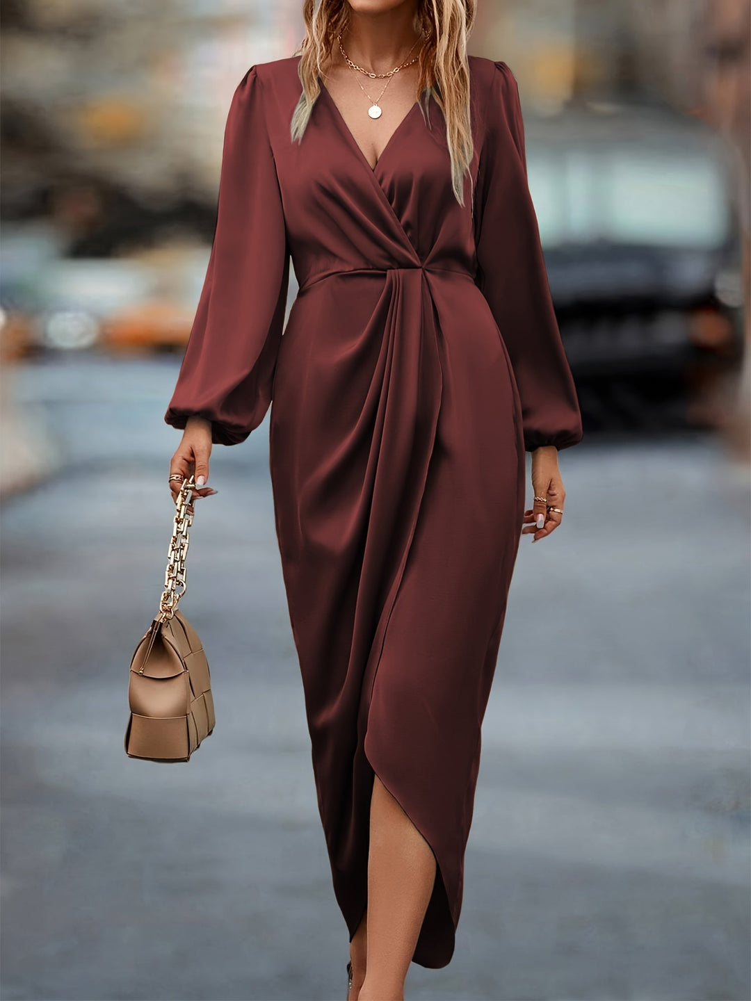 Womens Evening Dress V-Neck Long Sleeve Elegant Fit