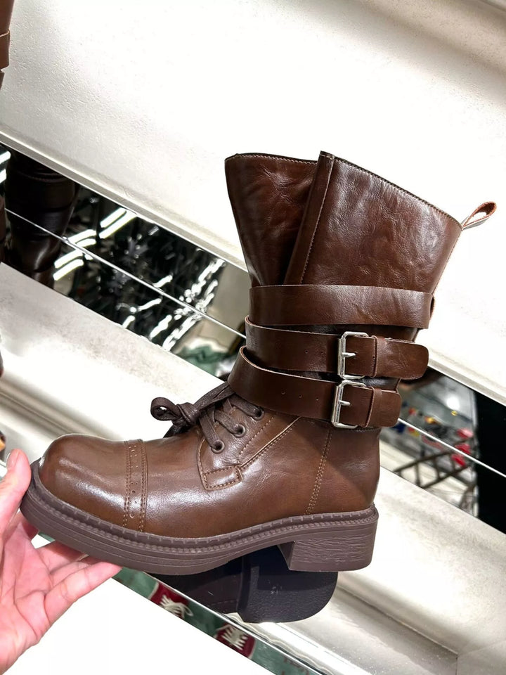 Womens Leather Ankle Boots Strap High Heel - BritishMode