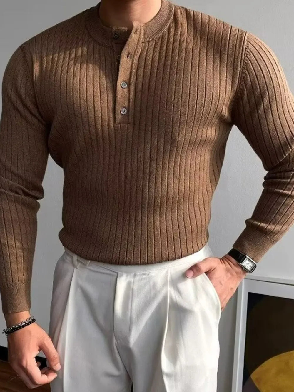 Mens Sweater Textured Knit Crew Neck Long Sleeve - BritishMode