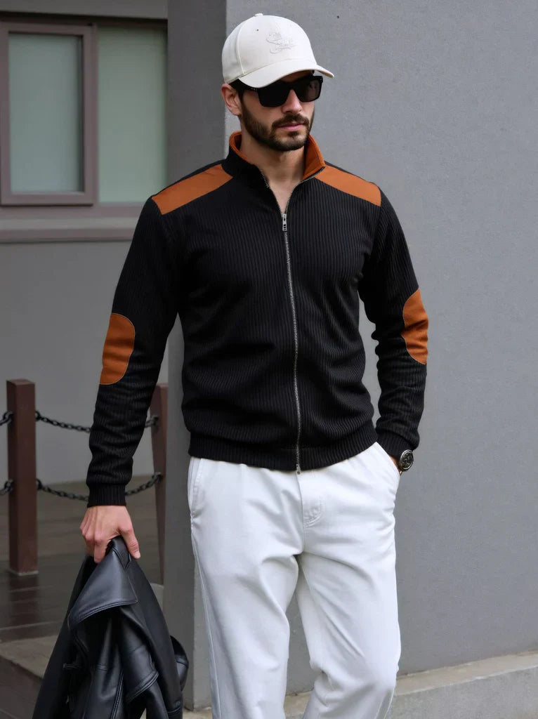Mens Zip Cardigan with Shoulder Patches Regular Fit
