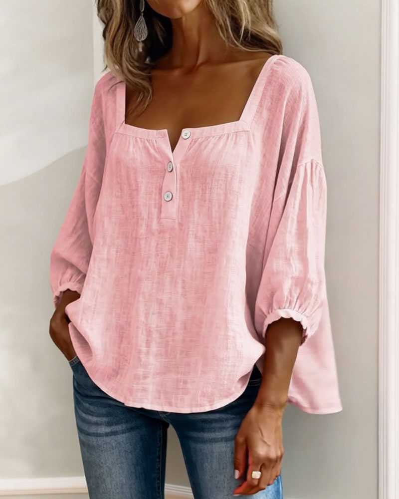Womens Blouse Square Neck Puff Sleeve Button Front